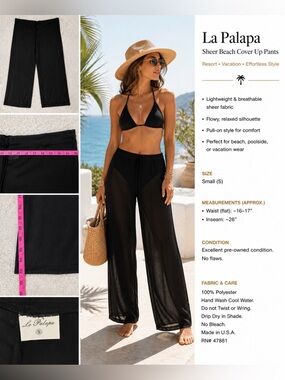 La Palapa Black Sheer Beach Cover Up Pants Small Resort Vacation‎ Flowy